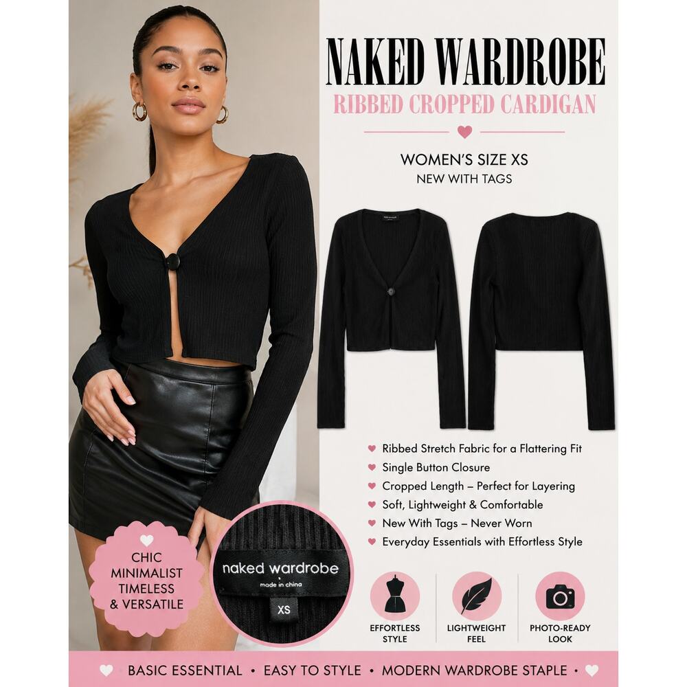 NWT Naked Wardrobe XS Black Ribbed Crop Cardigan Top Long Sleeve Stretch